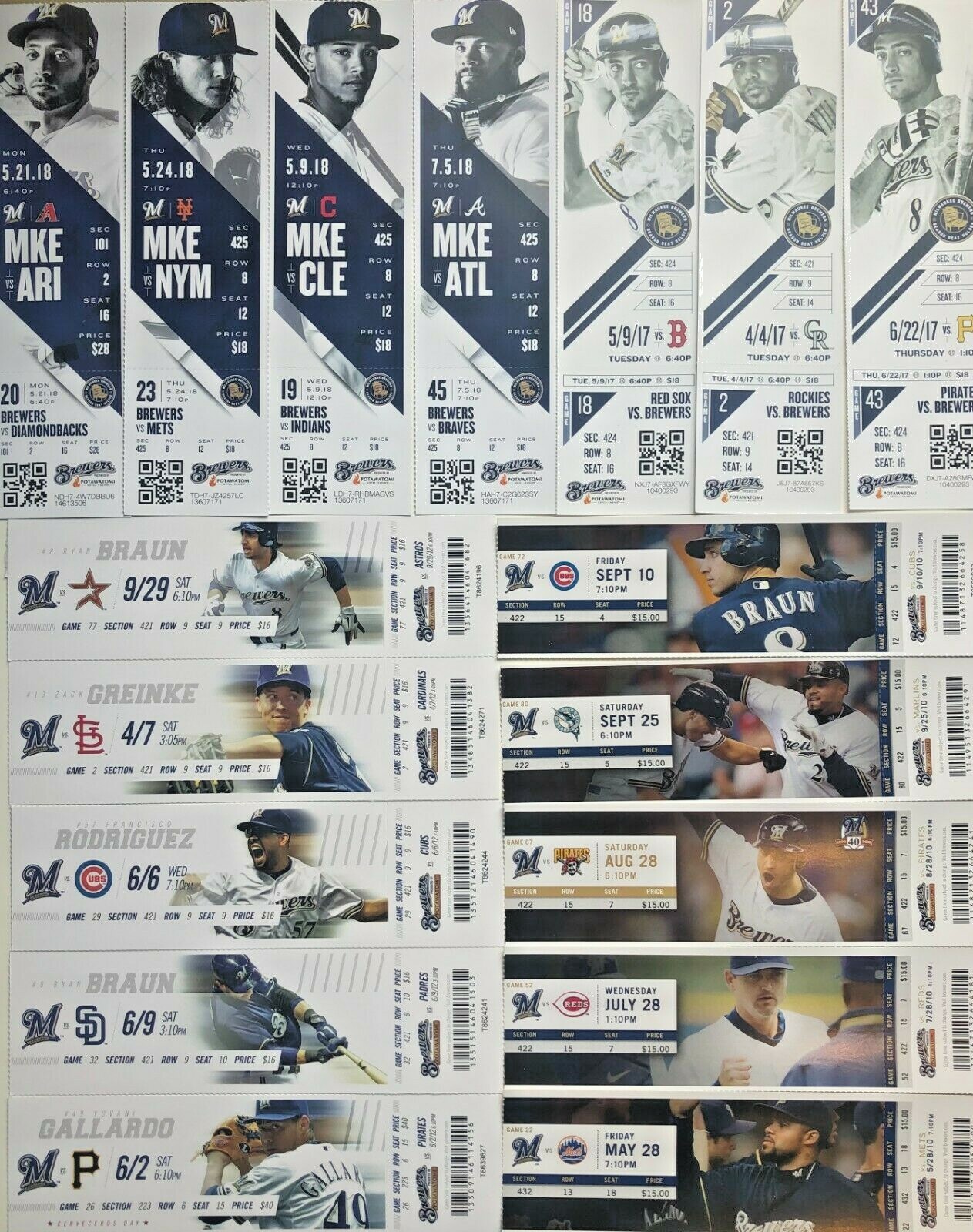 2009-2010-2011-2012-2016-2017-2018 Milwaukee Brewers Season Ticket Stubs - Mint