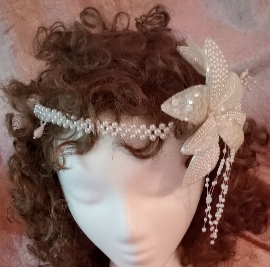 Vintage Bridal Head Piece 3 Rows of Pearls, Pendant and Large Flower on The Side