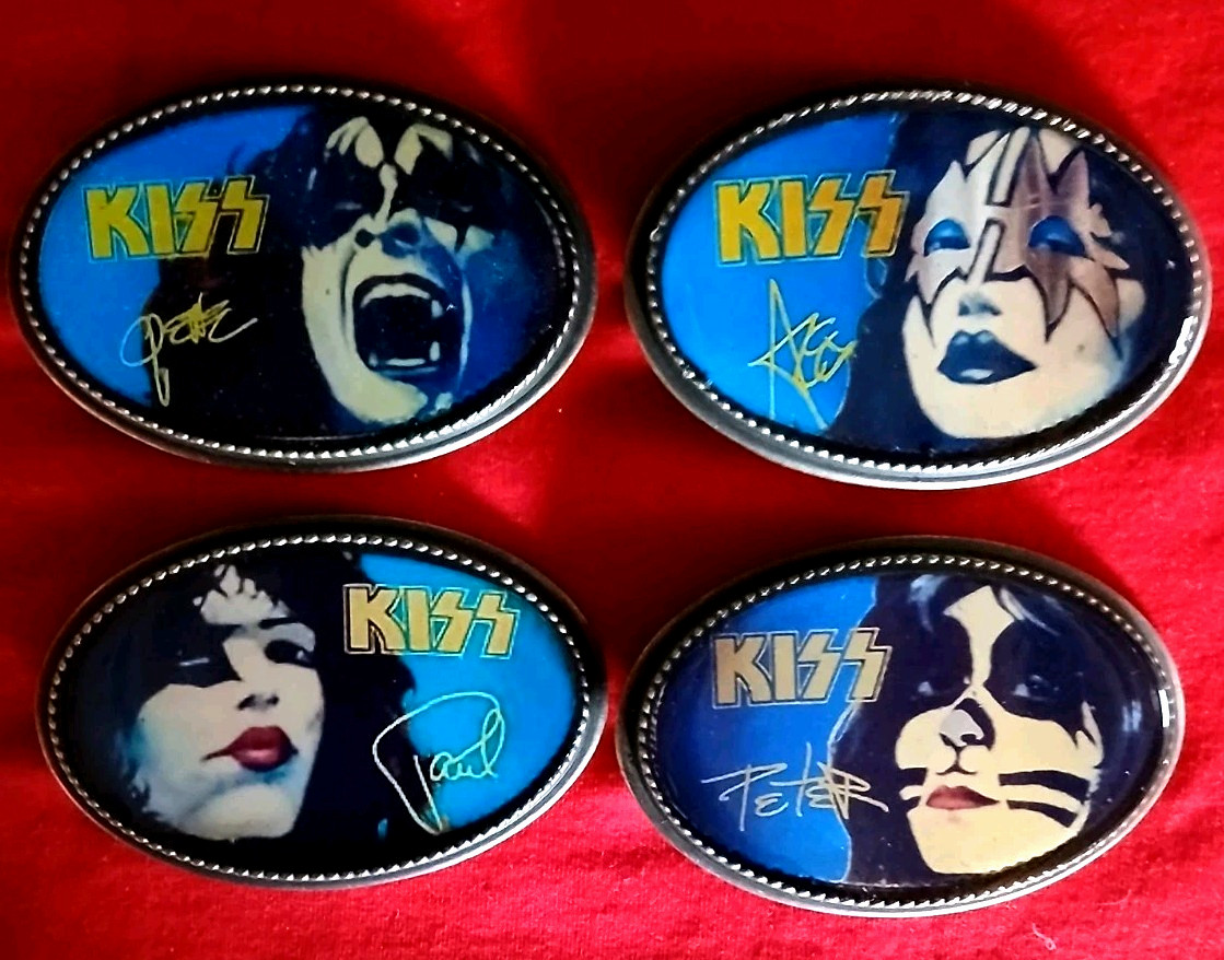 KISS set of 4 Epoxy Buckles - Ace-Gene-Paul-Peter complete set New KISS set of 4 Epoxy Buckles - Ace-Gene-Paul-Peter complete set New