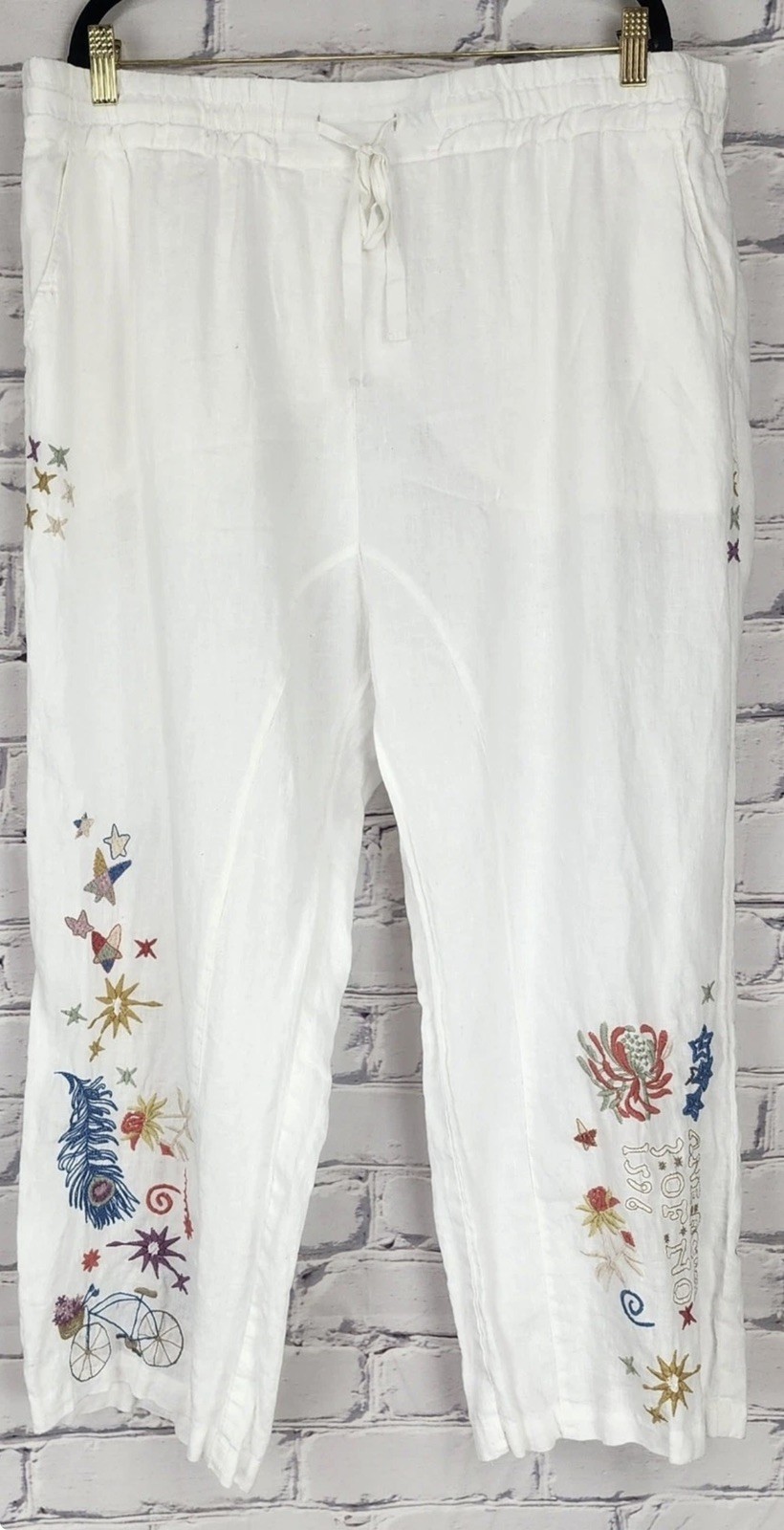 Johnny Was Biya Pants Azusa Wide Leg Womens XL 100% Linen Embroidered Casual