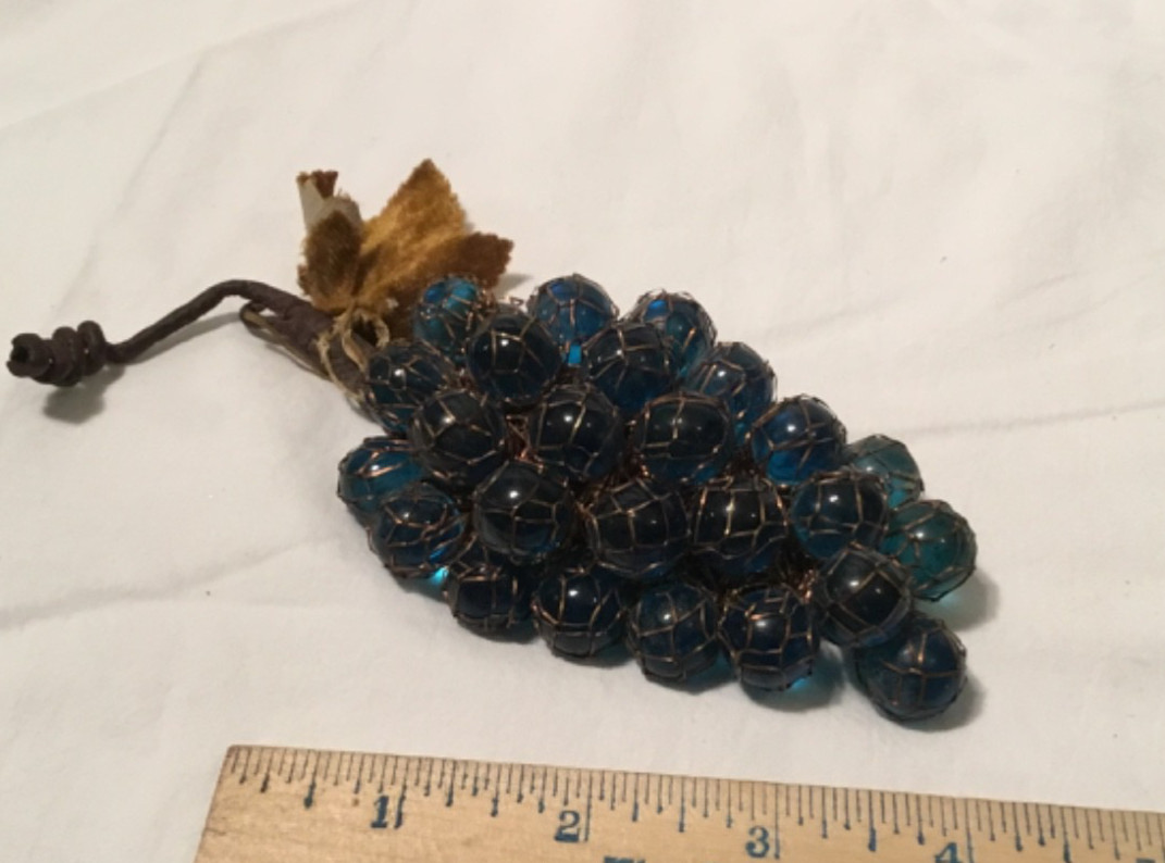 Vintage Cobalt Blue Glass Grape Cluster Wire Wrapped Handmade MCM Decor 6\