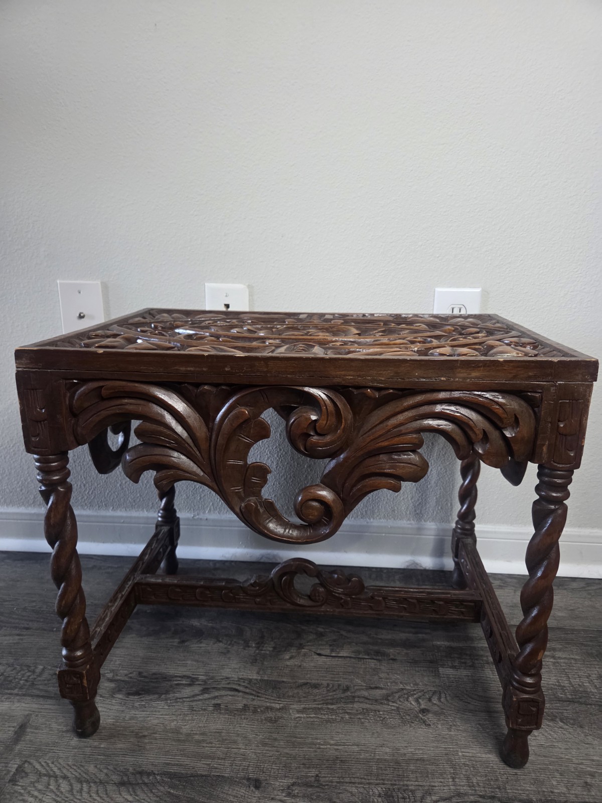 Vintage Italian Hand Carved Wood Side Table Floral Top Twisted Legs Dark Brown