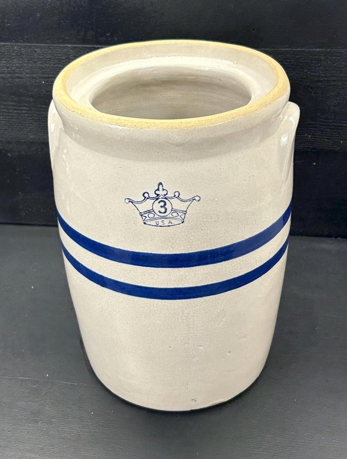 Antique 3 Gallon Stoneware Crock Crown 3 USA Mark Blue Bands Lug Handles