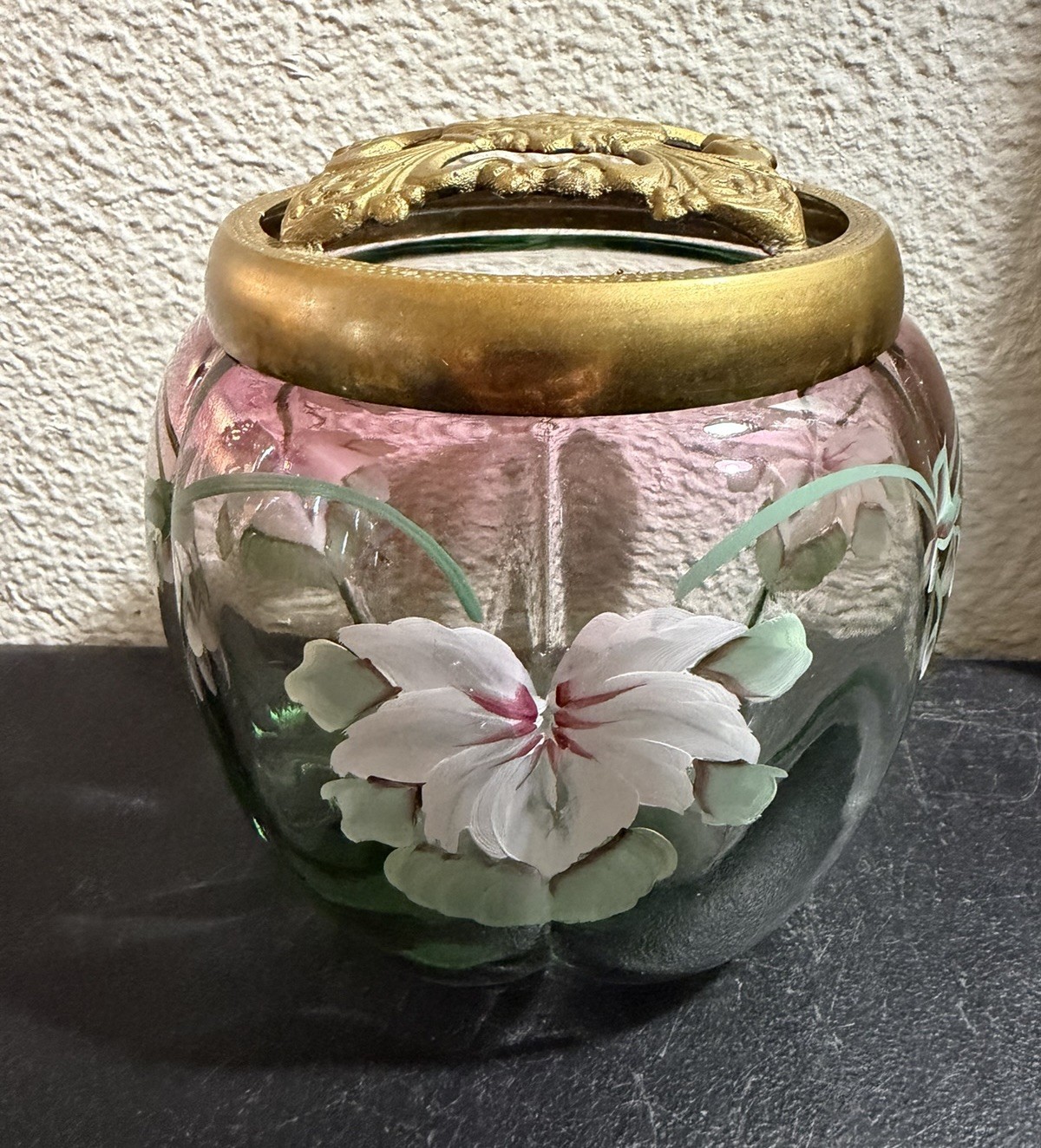 Fenton Historic Collection Rubina Verdi Glass Covered Melon Box Hand Painted