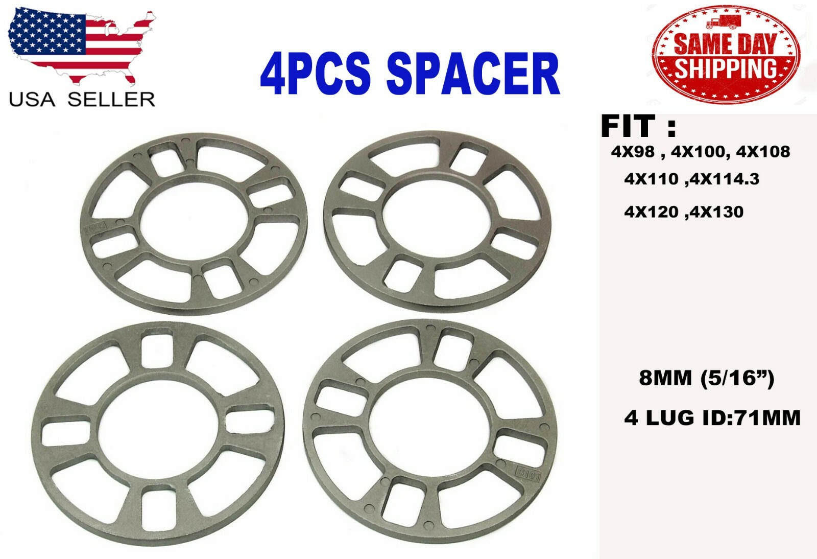 4PC UNIVERSAL WHEEL SPACER FIT 4x98 4X100 4X108 4x110 4X114.3 4X120 8MM (5/16”) 