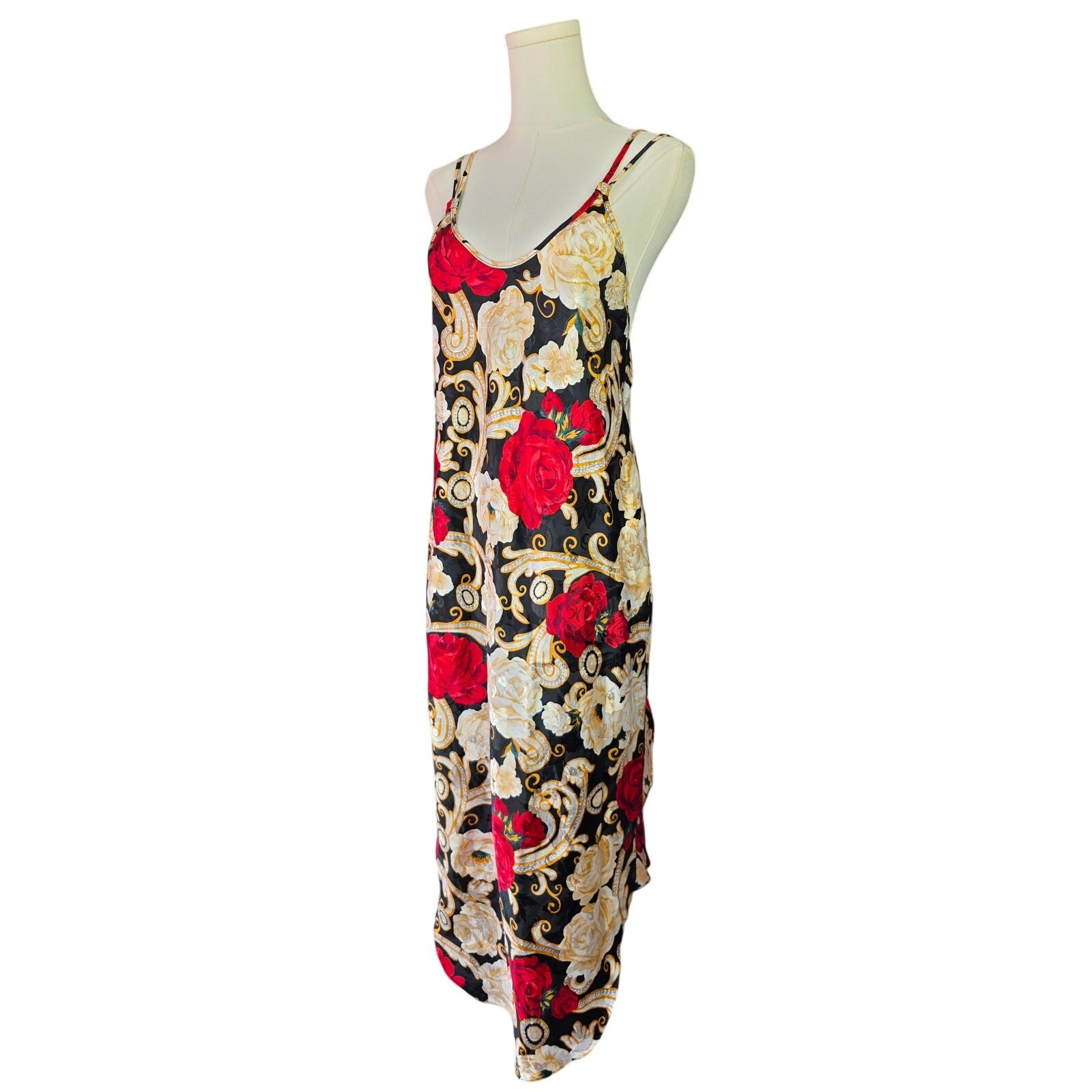 L.A. INTIMATES VINTAGE Satin Texture Red Rose Print Slip Nightgown with Robe L.A. INTIMATES VINTAGE Satin Texture Red Rose Print Slip Nightgown with Robe