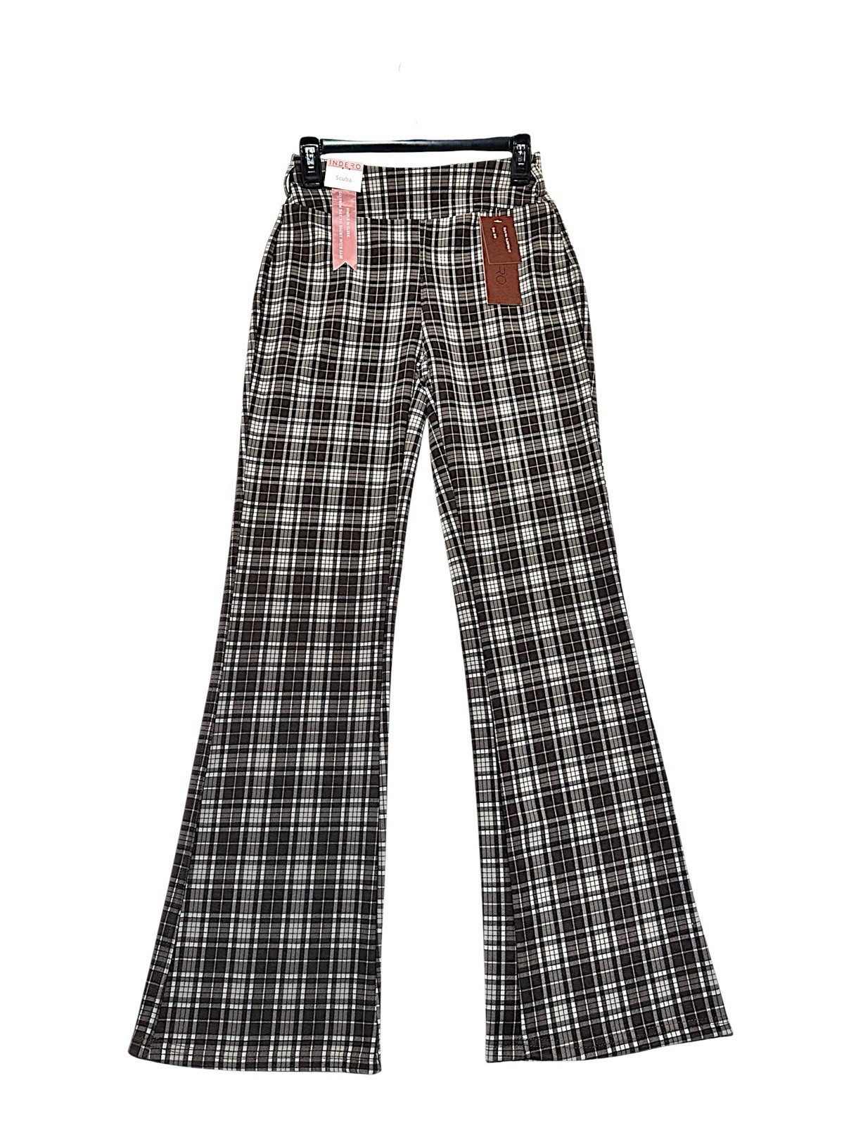 NWT Indero Scuba Plaid Flare Pants Brown Black White Size S/M