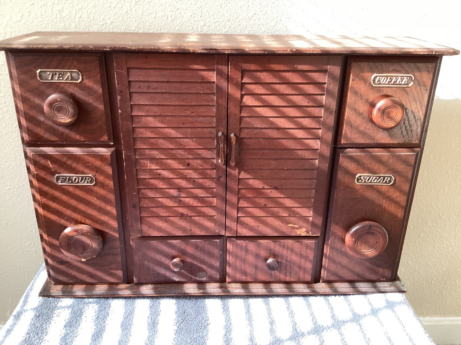Vintage 1970s Wood Spice Rack Apothecary Cabinet Louver Shutter Doors 6 Drawers