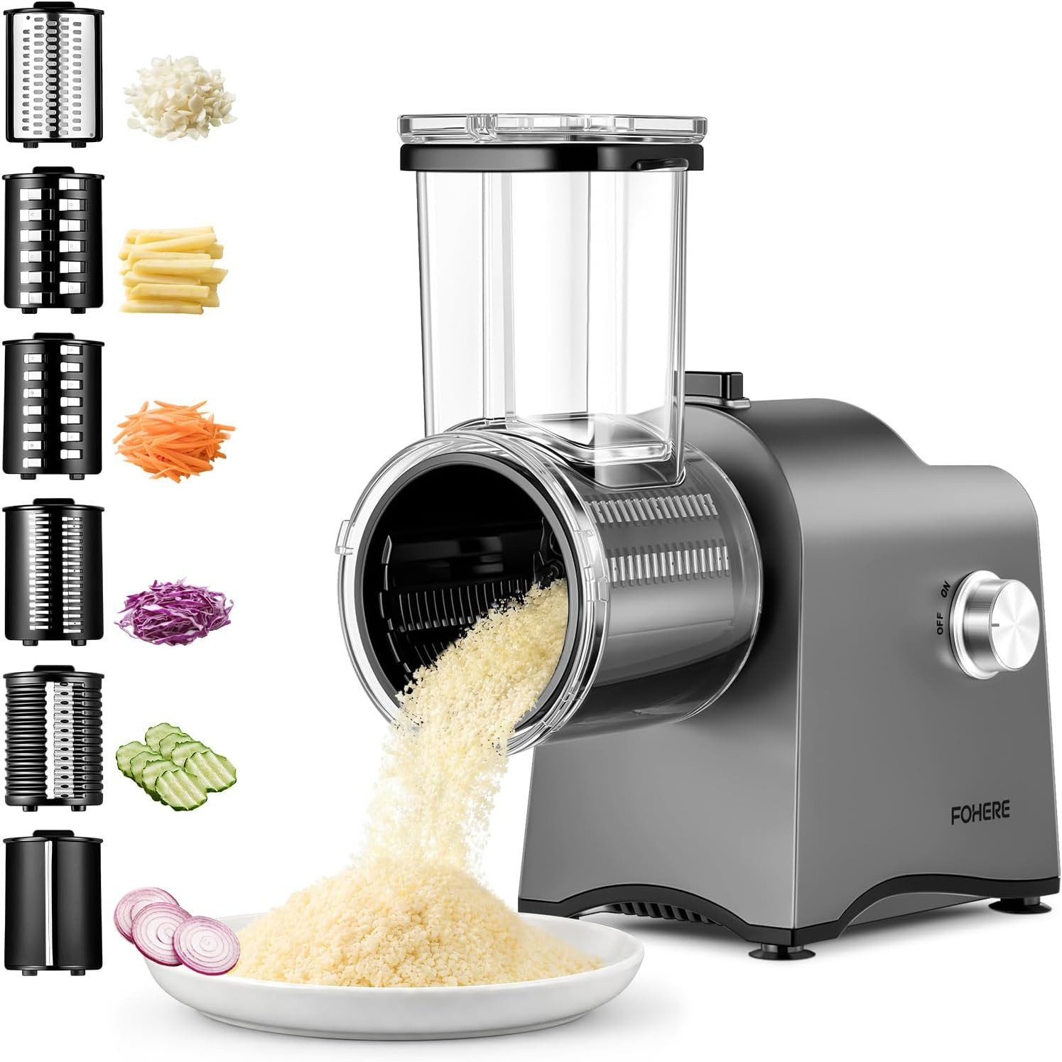 FOHERE Upgraded Electric Cheese Grater, 300W DC Motor Salad Shooter, 6-in-1 Elec