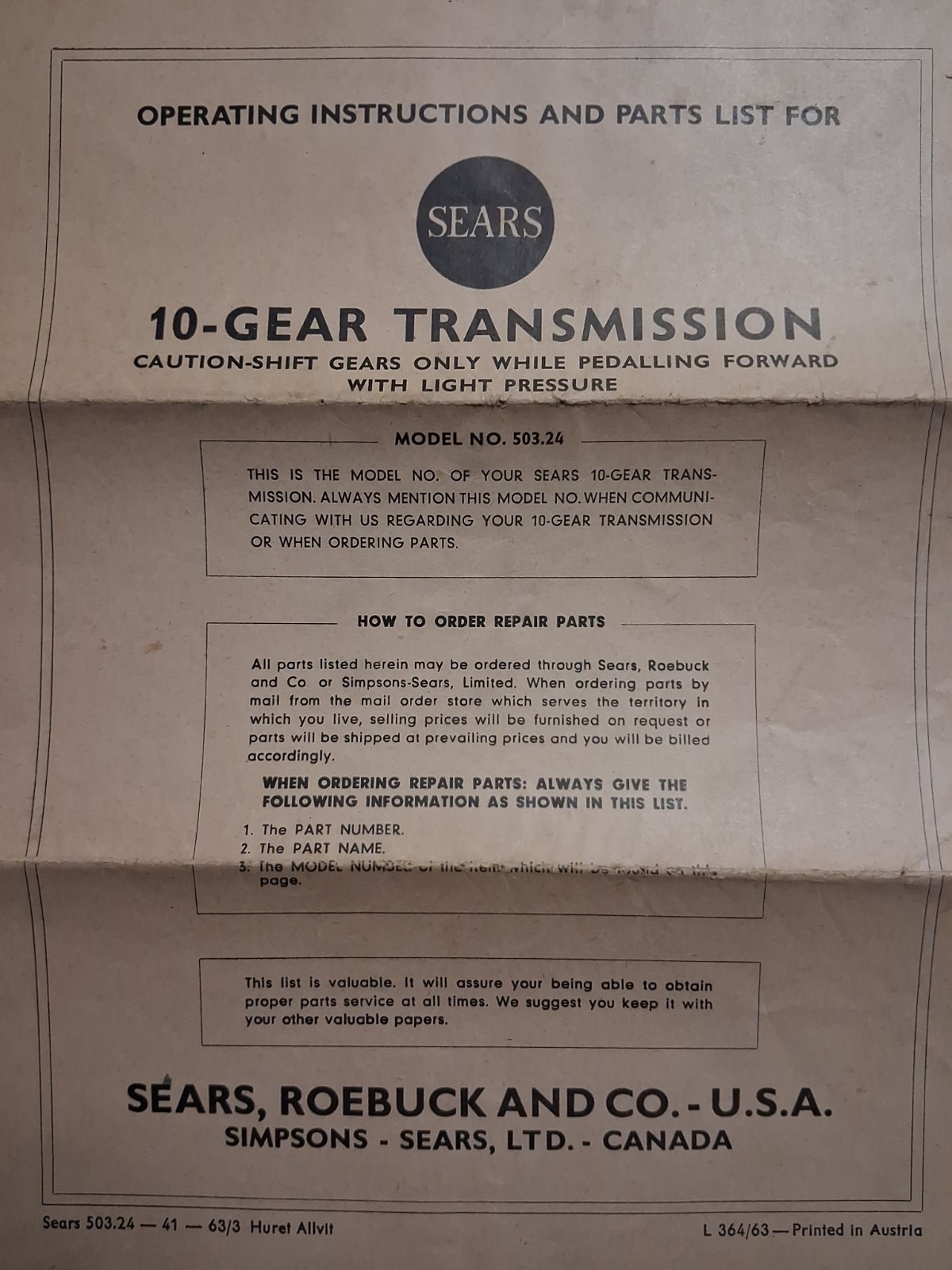 1963 SEARS ROEBUCK Simpsons-Sears EUROPEAN LIGHTWEIGHT Bicycle Instructions