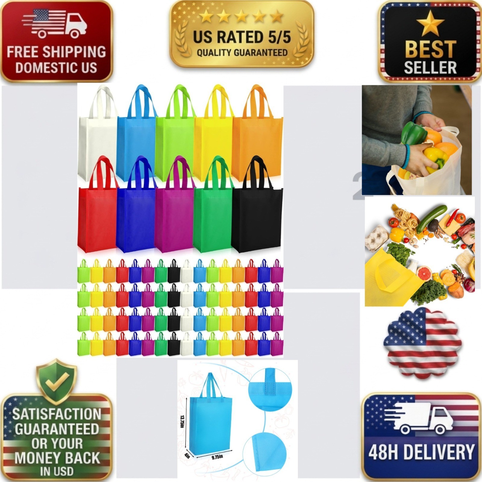 Jexine 100 Pcs Reusable Tote Bags Non Woven Foldable Shopping Bags 14x10x4 in