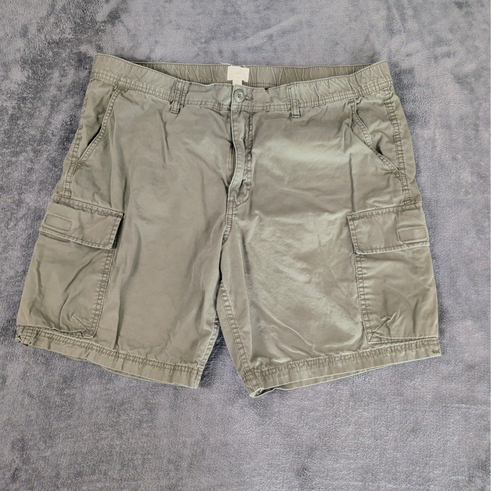 H&M Cargo Shorts Mens XL Green Canvas Elastic Waist Pockets Casual Outdoor