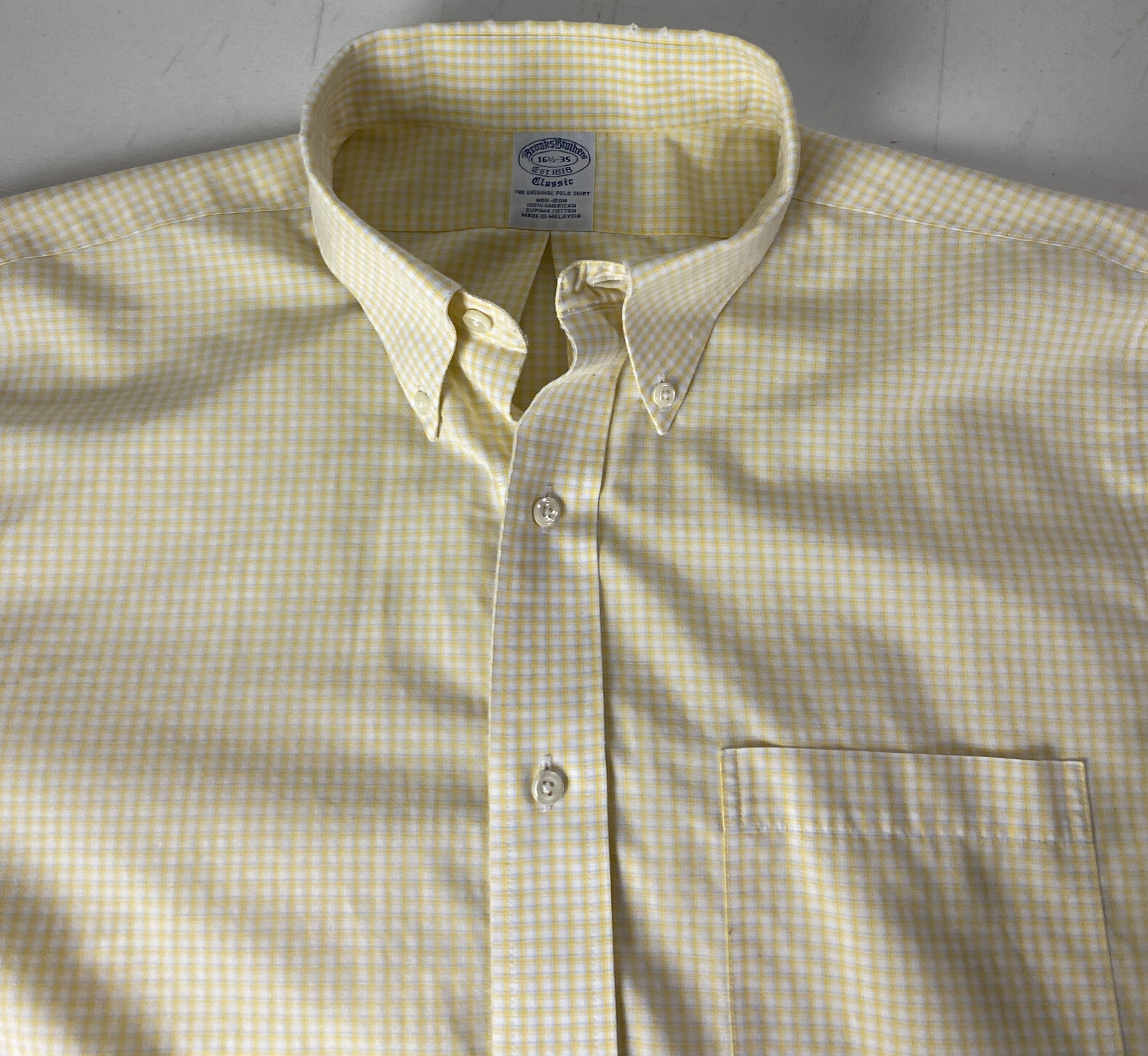 Brooks Classic Oxford Dress Casual Gingham Check Non Iron 16 1/2/ 35 Supima Flaw