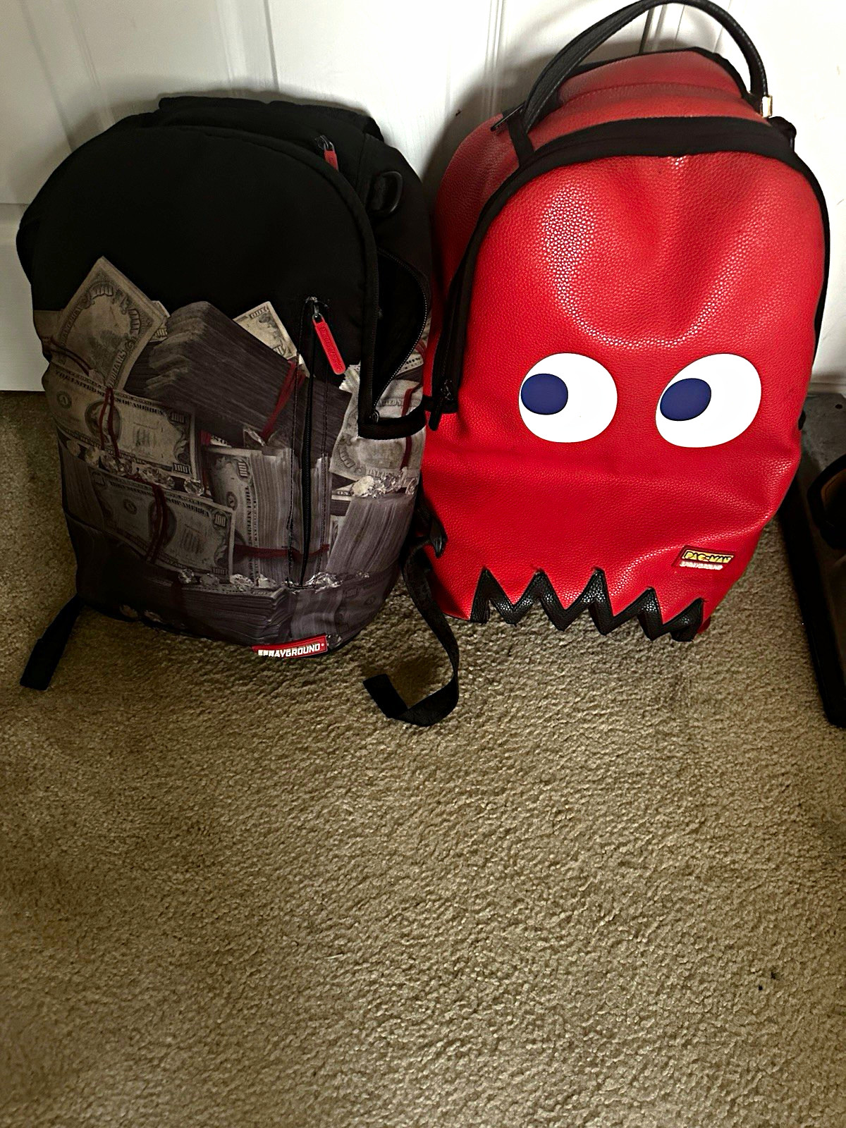 Sprayground Leather Backpacks Black Money Print & Red Pac-Man Ghost Sprayground Leather Backpacks Black Money Print & Red Pac-Man Ghost