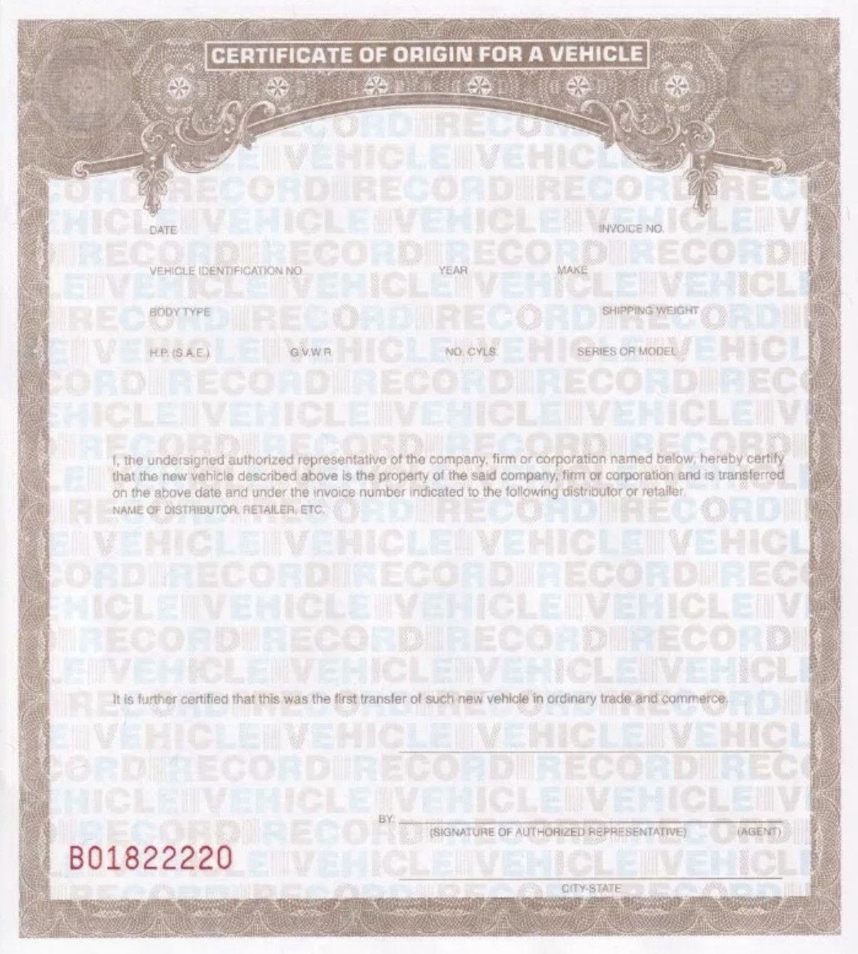 50 BLANK Certificate of Origin MSO MCO Form - Bikes Trikes Trailers Dune Buggies