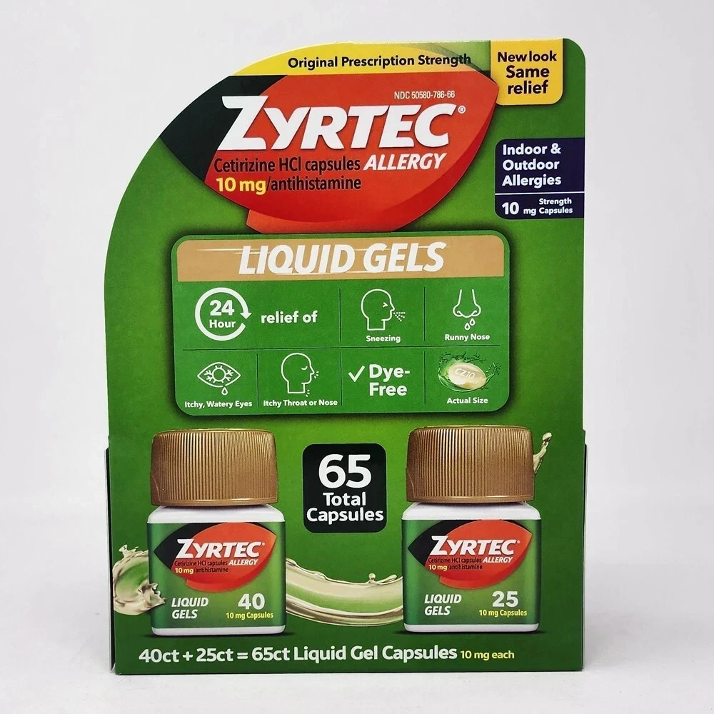 ZYRTEC LIQUID GELS - 65 ct. / 10mg Cetirizine / 24 Hr Allergy / Exp: 01/2028 ZYRTEC LIQUID GELS - 65 ct. / 10mg Cetirizine / 24 Hr Allergy / Exp: 01/2028