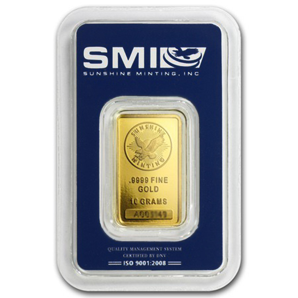 10 Gram Sunshine Mint .9999 Fine Gold Bar In Assay Mint Mark SI 10 Gram Sunshine Mint .9999 Fine Gold Bar In Assay Mint Mark SI