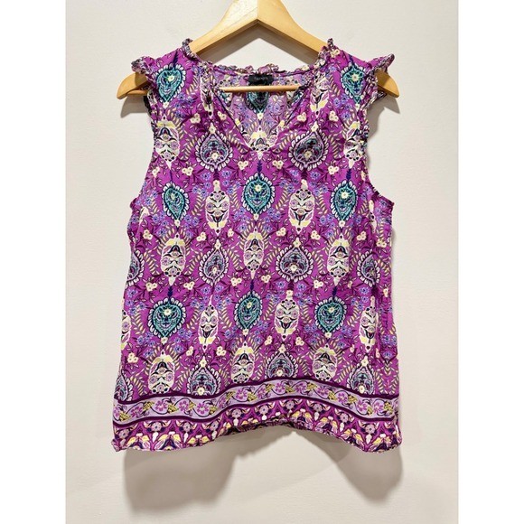 Talbots Purple Paisley Floral Flutter Sleeve 100% Cotton Blouse Top Large