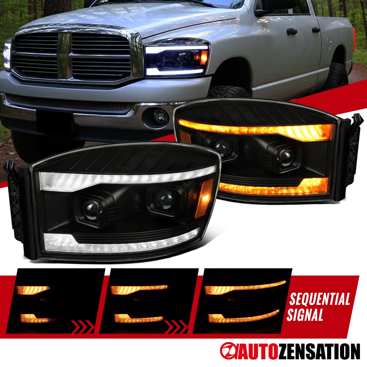 Fit 2006-2009 Ram 1500 2500 Smoke Sequential LED DRL Projector Headlights Lamps