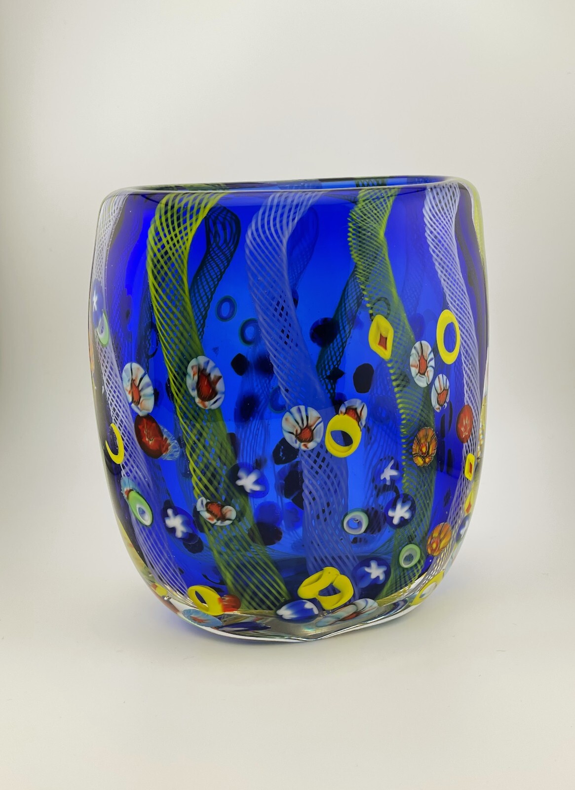 Murano Style Art Glass Vase Blue Millefiori Italian Style Hand Blown Colorful Murano Style Art Glass Vase Blue Millefiori Italian Style Hand Blown Colorful
