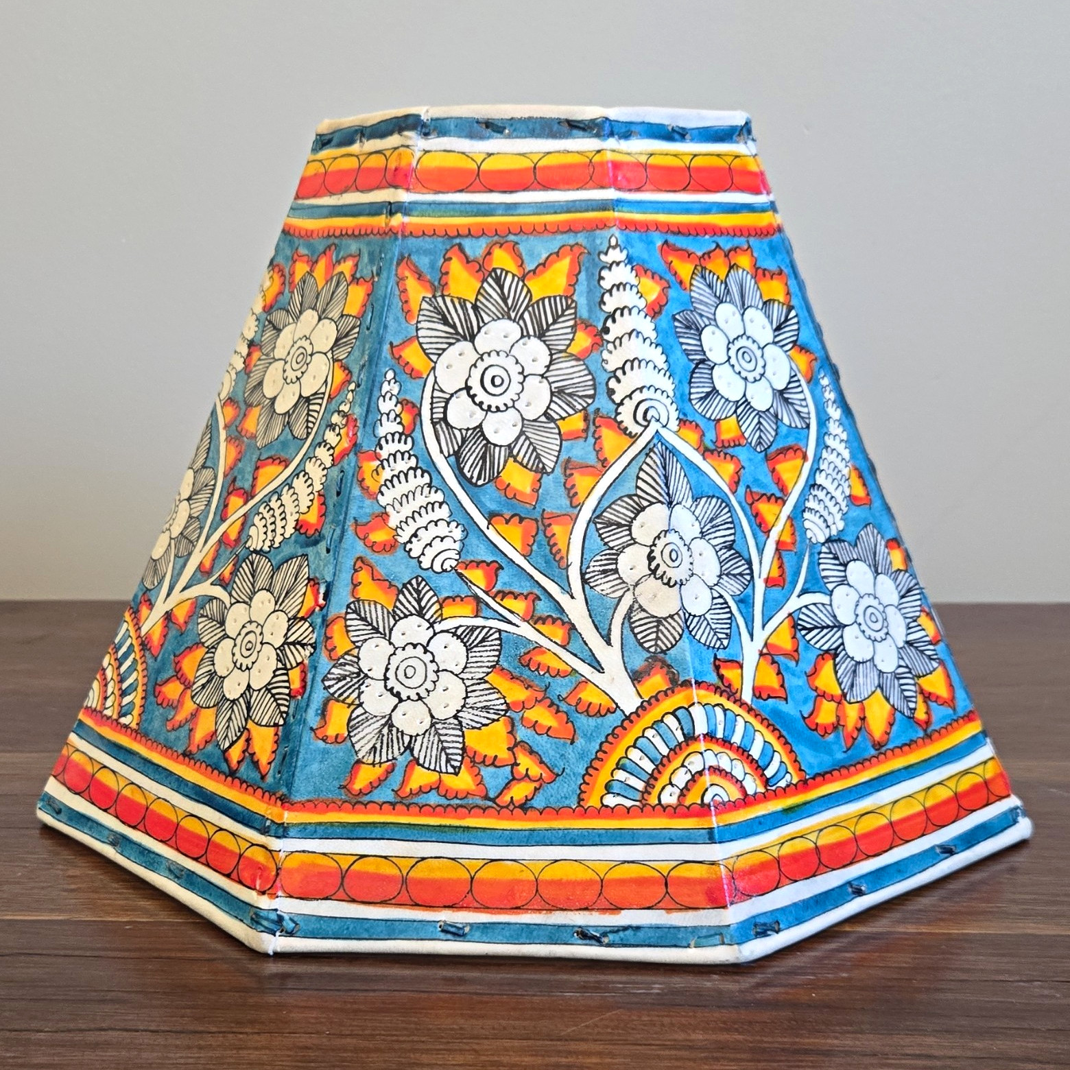 Vintage Indian Tholu Bommalata Hand-Painted Leather Lampshade – Floral Motif Vintage Indian Tholu Bommalata Hand-Painted Leather Lampshade – Floral Motif