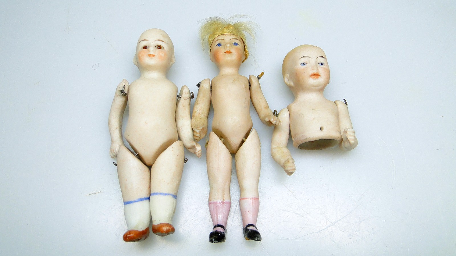 3 Antique Bisque Miniature Dollhouse Dolls & Half Doll Pincushion Baby Doll Lot