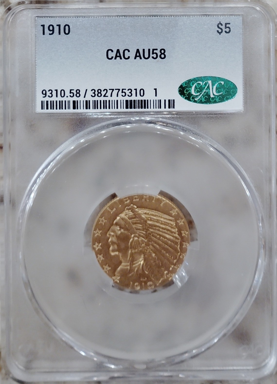 1910 $5 gold Half Eagle, CAC AU-58, exceptional for the grade