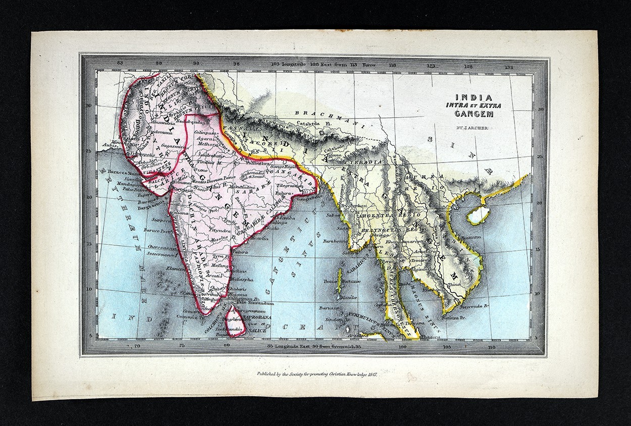 1847 Archer Map Ancient India Intra et Extra Gangem Nepal Burma Thailand SE Asia