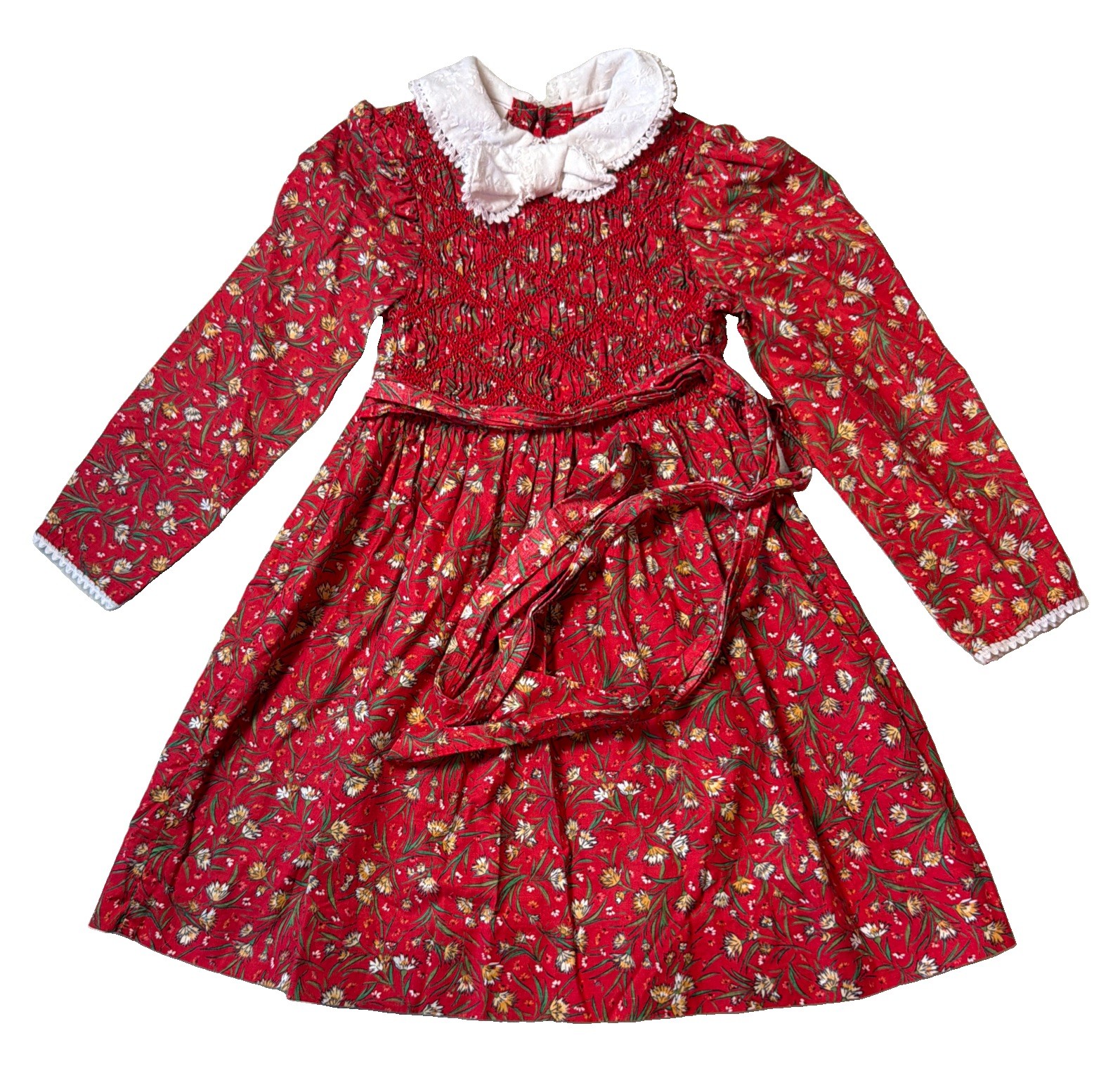 Vintage 1970s Toddler Girls Prairie Dress Red Floral Size 5