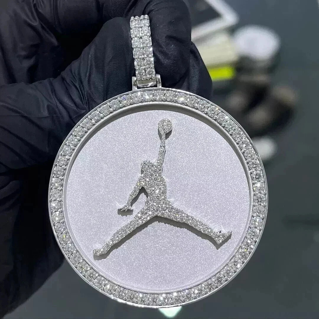 2.60Ct Round Cut Real Moissanite Jumpman Pendant 14K White Gold Plated Silver