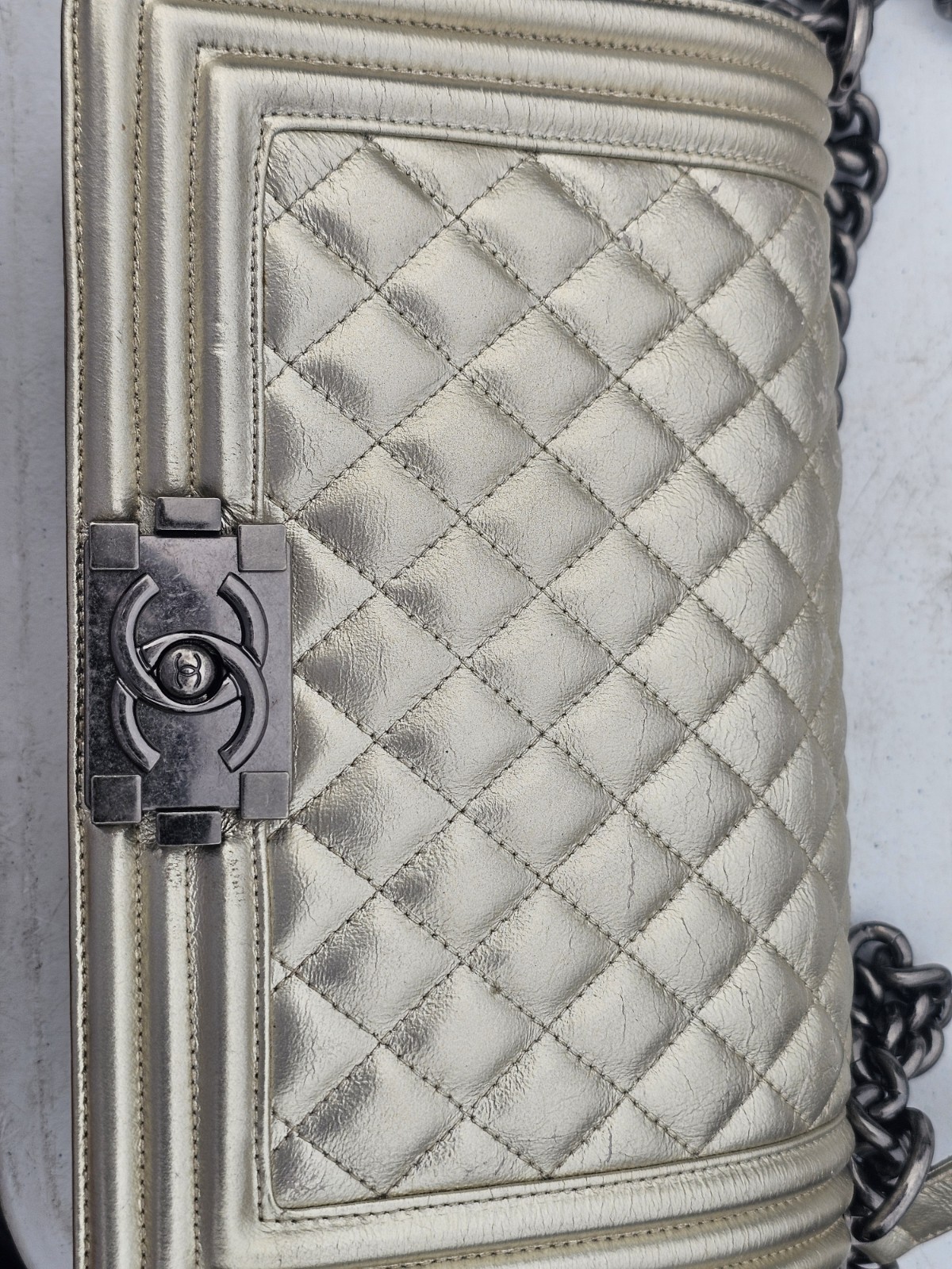 Chanel Old Medium Boy Flap Silver Metallic Gray Lambskin Quilted Handbag Bag Chanel Old Medium Boy Flap Silver Metallic Gray Lambskin Quilted Handbag Bag