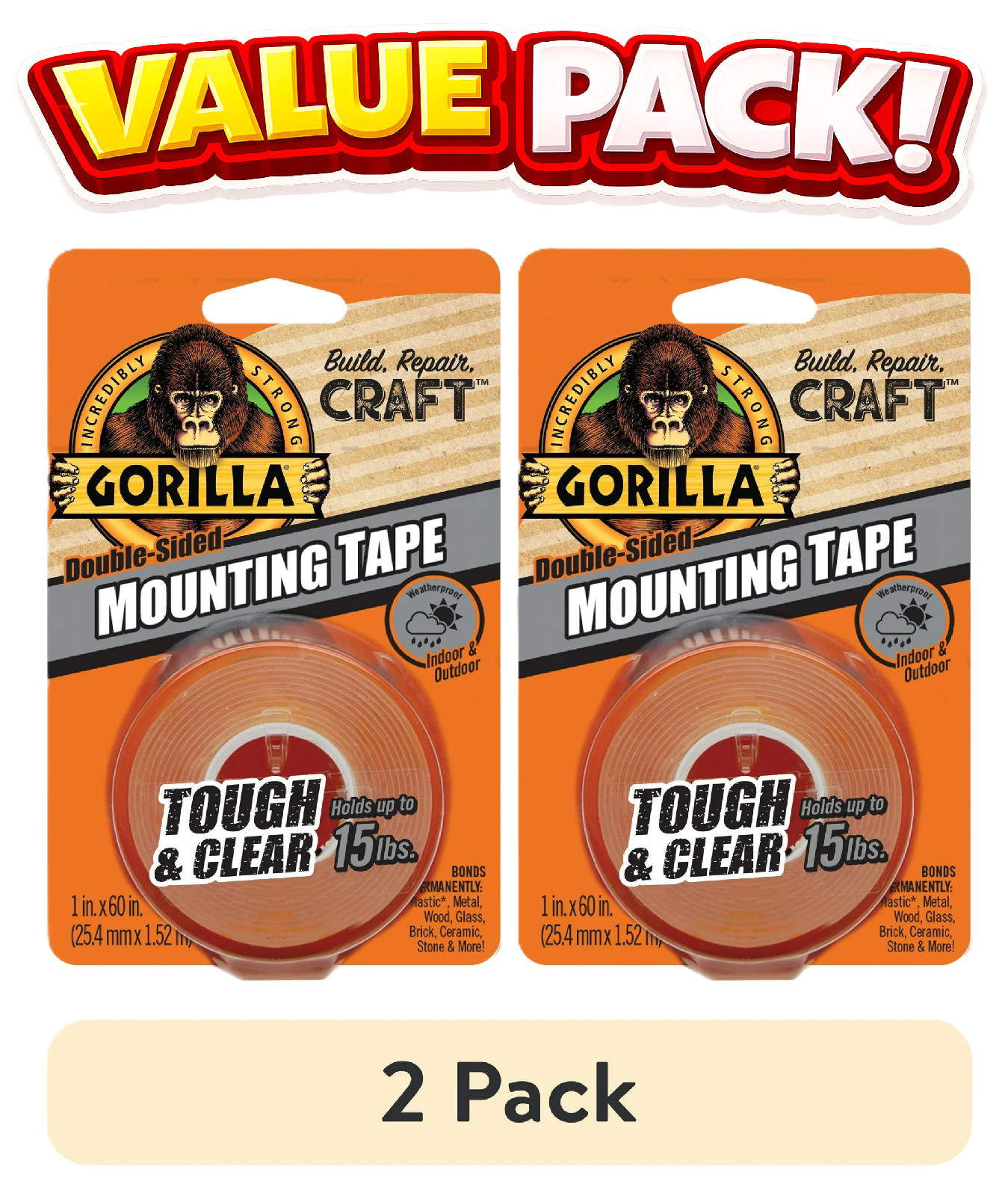 (2 pack) Gorilla Tough & Clear Double-Sided Mounting Tape, 60\