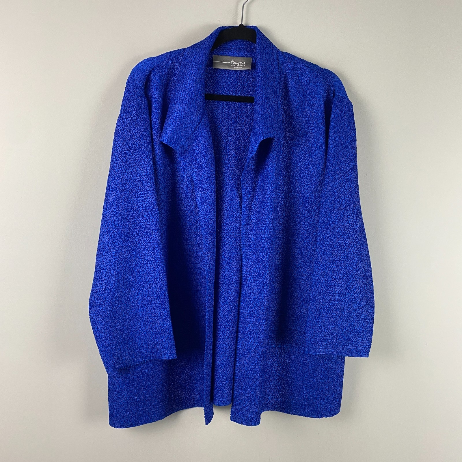Chicos Travelers Crinkle Open Front Jacket Size 3 US XL Blue Lightweight