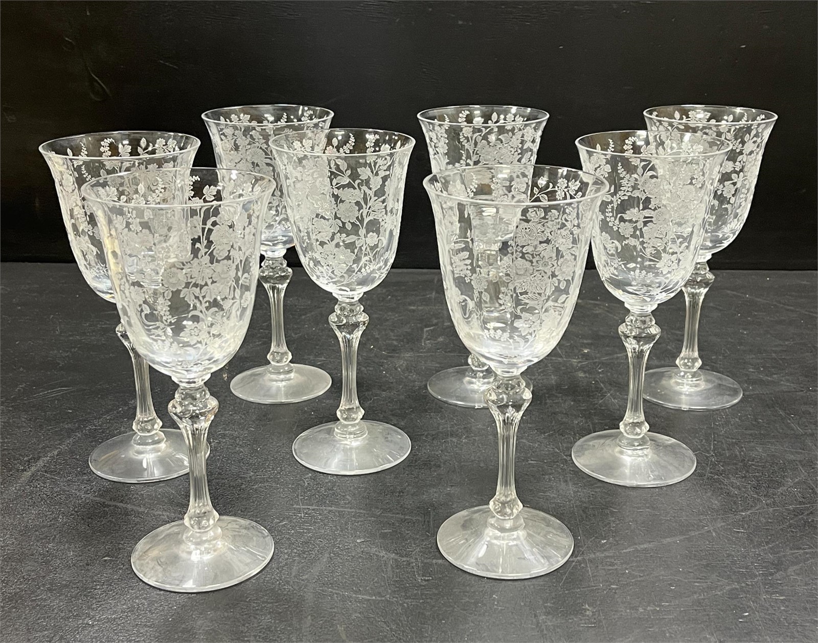 Tiffin Franciscan Cherokee Rose Water Goblets Crystal Etched Glasses 8\