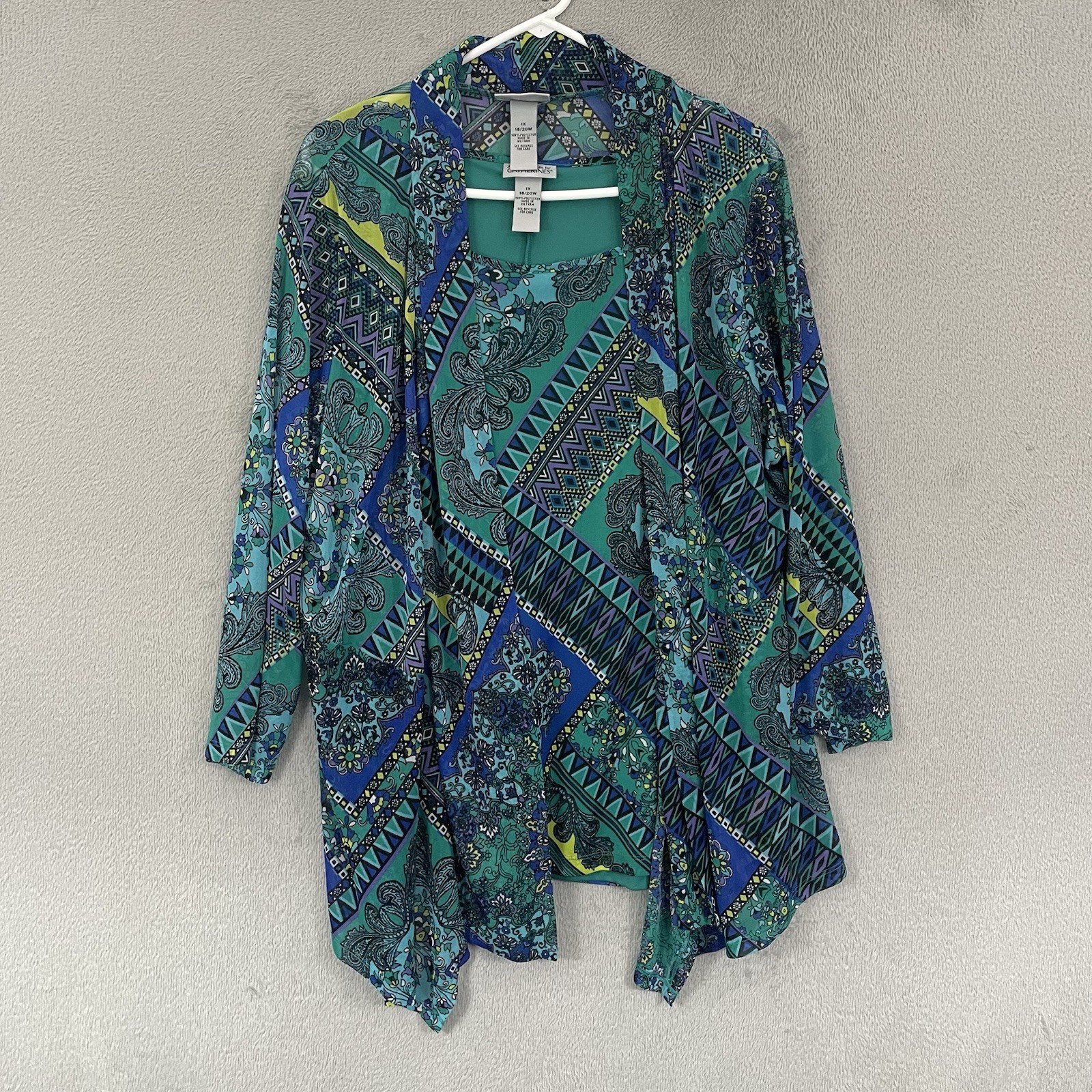 Catherines Blouse Womens 1X Multicolor Floral Long Sleeve Stretch