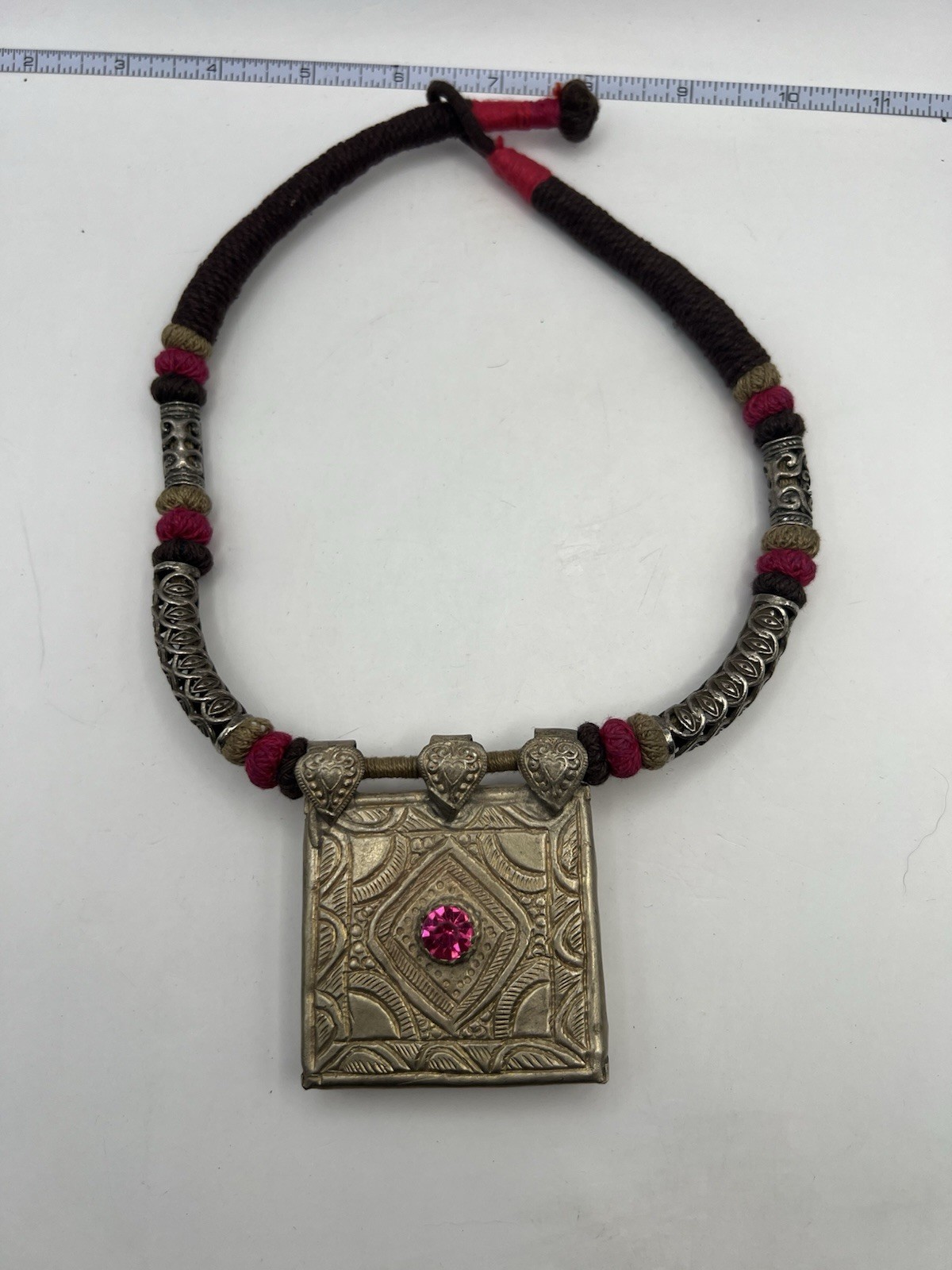 Vintage Kuchi Banjara Afghan Tribal Square Pendant Necklace Pink Stone Cord