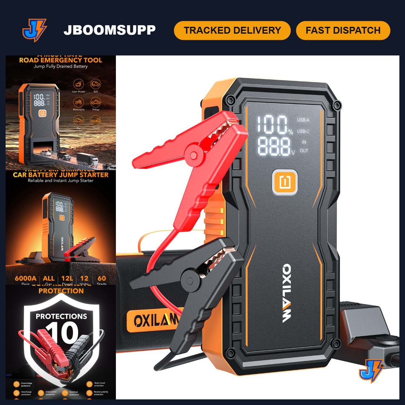 6000A Portable Jump Starter for Gas & Diesel Cars, 12V Lithium Battery Pack, LED