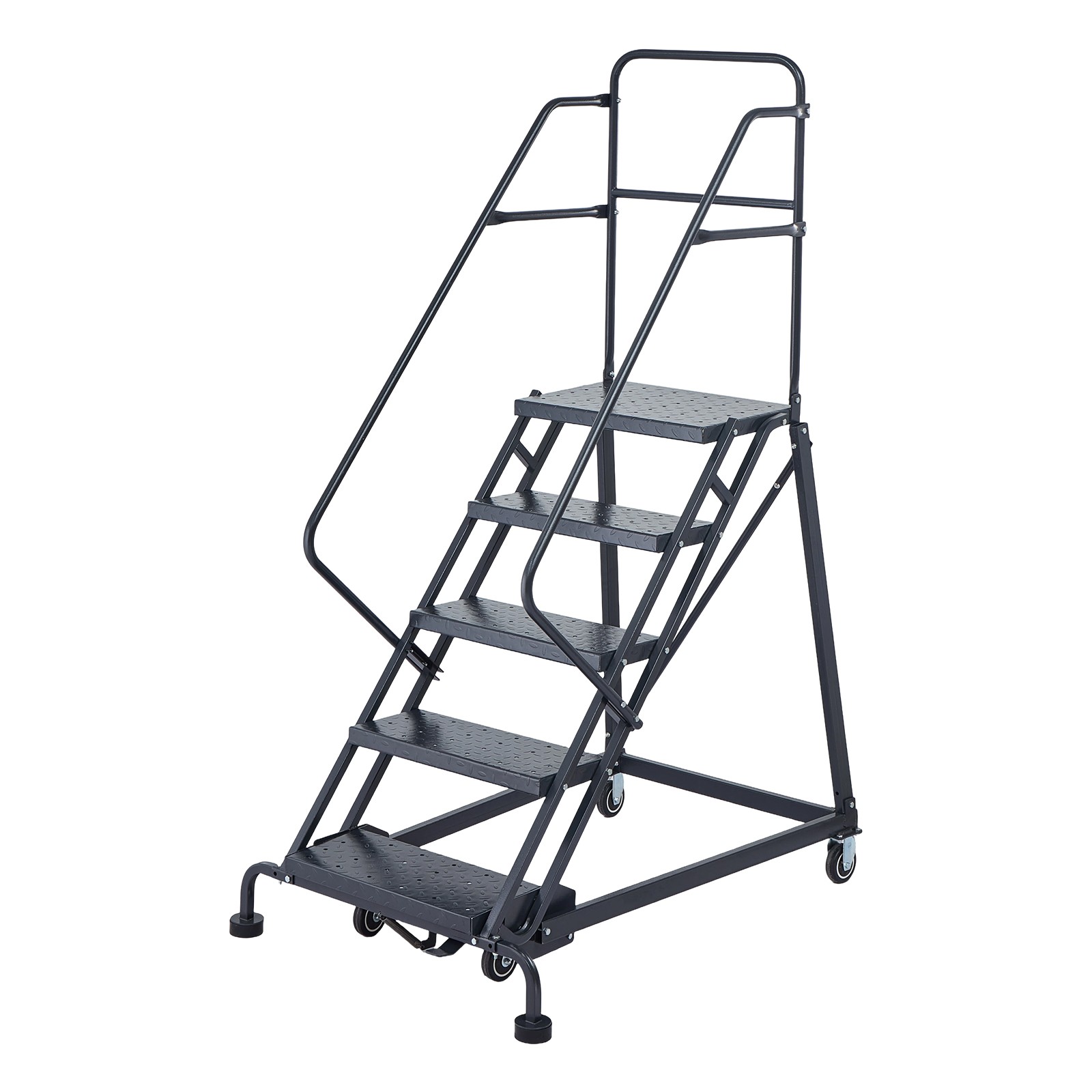 Uimoso 5-Step Mobile Warehouse Ladder, Industrial Steel Rolling Staircase