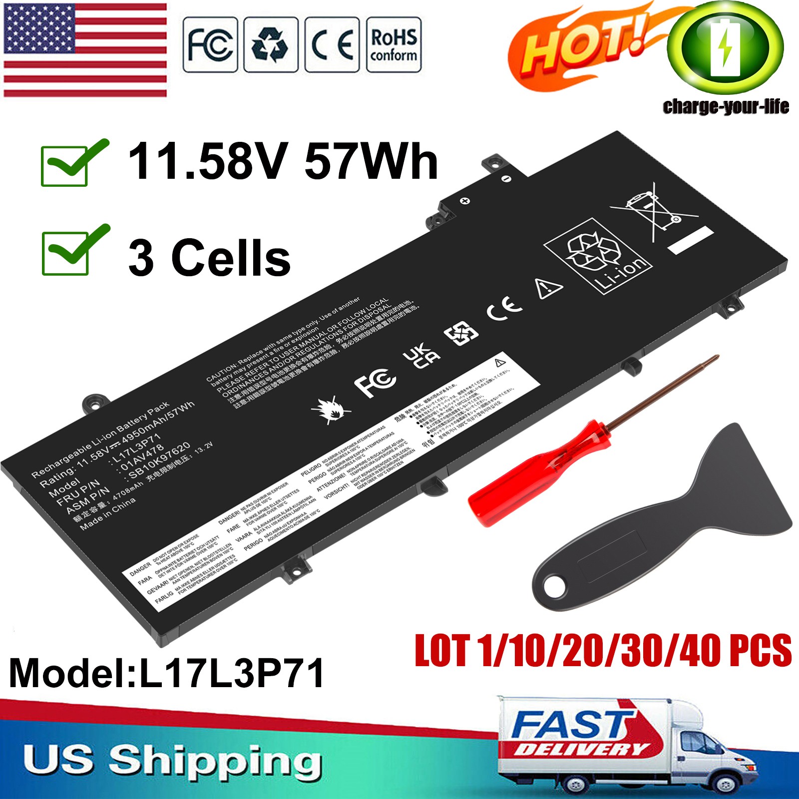 ✅LOT 57WH 01AV478 Battery For Lenovo ThinkPad T480s L17L3P71 01AV479 L17M3P71