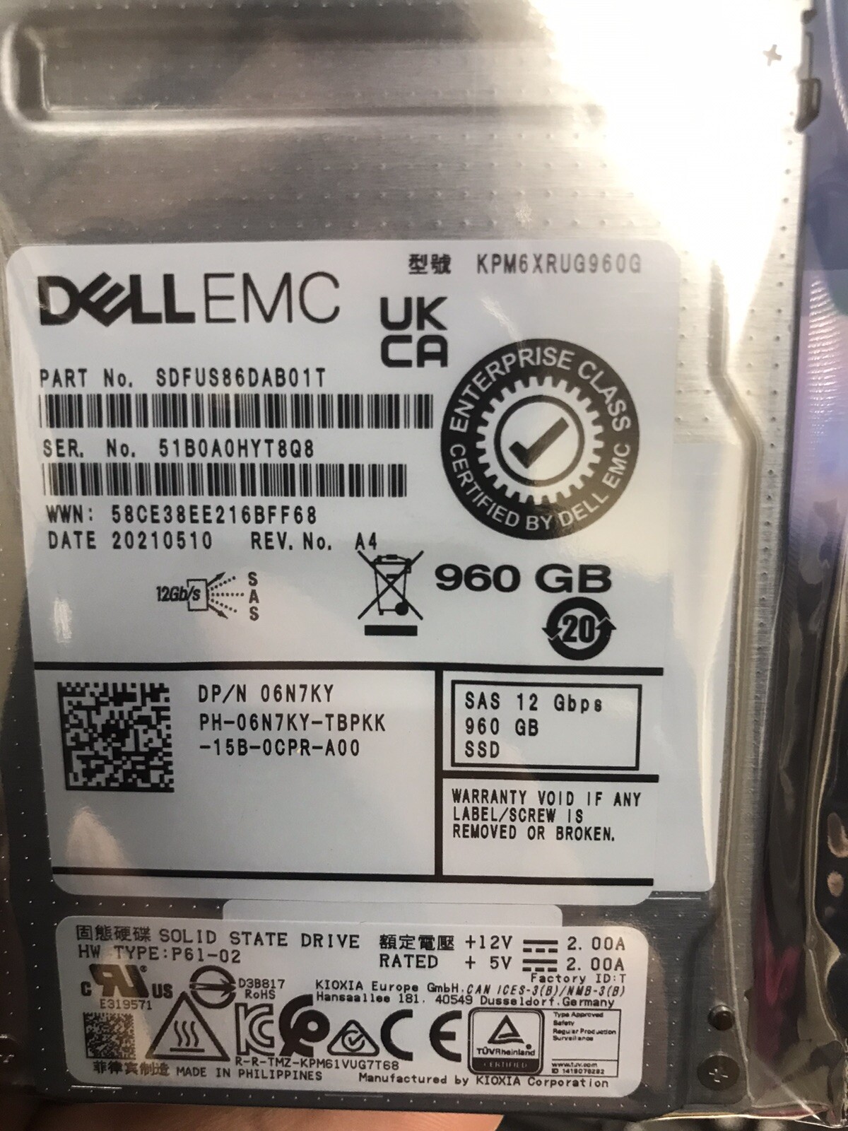 6N7KY Dell 960GB SAS 12Gbps Read Intensive TLC 2.5\'\' SSD 06N7KY KPM6XRUG960G
