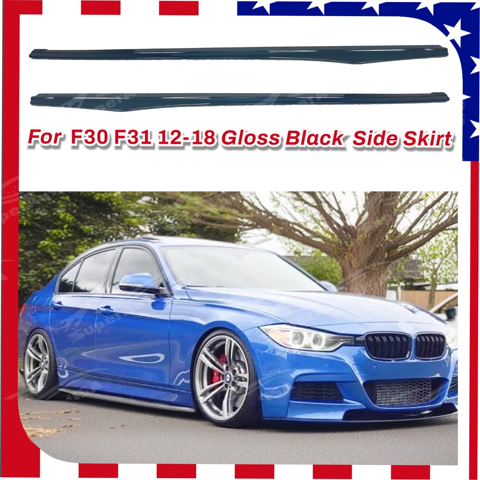 Fits 2012-18 BMW 3 Series F30 F31 Gloss Black Side Body Skirts Kit Under Spoiler