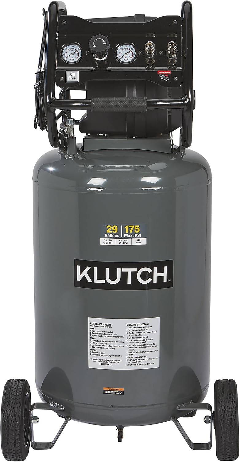 Klutch 29-Gallon Air Compressor, 2.5 HP, 120 Volts, 175 PSI Klutch 29-Gallon Air Compressor, 2.5 HP, 120 Volts, 175 PSI