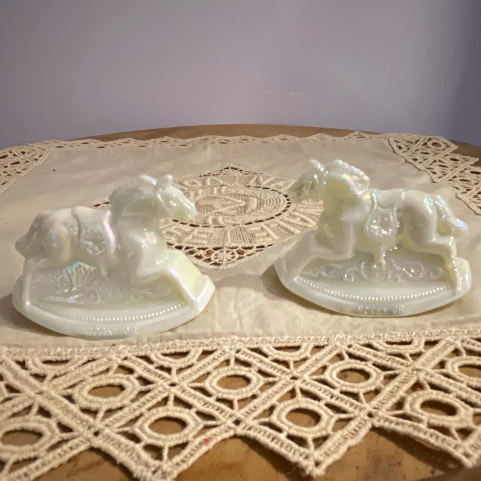 Mosser Iridescent White Glass Glow-in-the-Dark Horse Figurines Set 2. 1”x2”