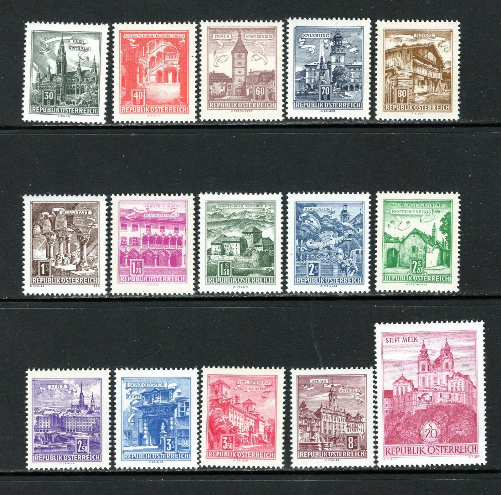 Austria 1962-70 BUILDINGS, CITY HALL, VIENNA, MELK ABBEY SC 688-702 MNH 
