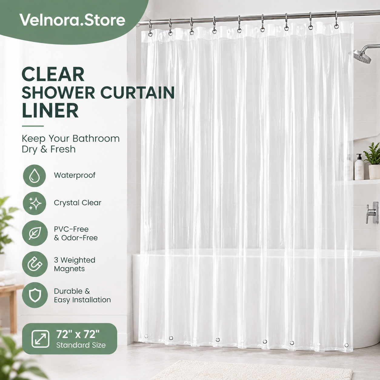 Clear Shower Curtain Liner 5g Durable PEVA Waterproof with 72''x72