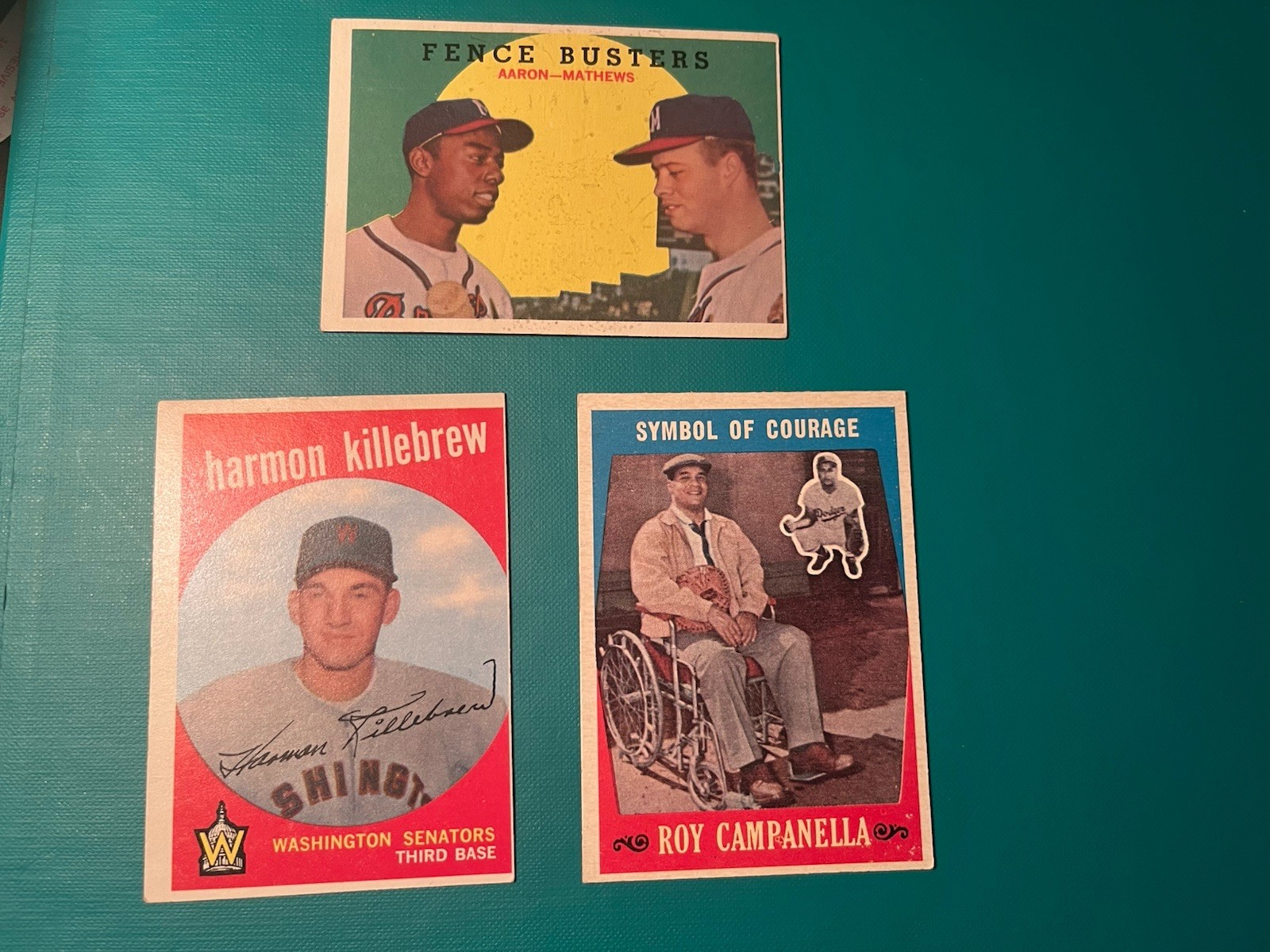 1959 TOPPS 3 HOF CLEAN MID-GRADE+ CAMPANELLA, KILLEBREW And AARON FENCE BUSTERS