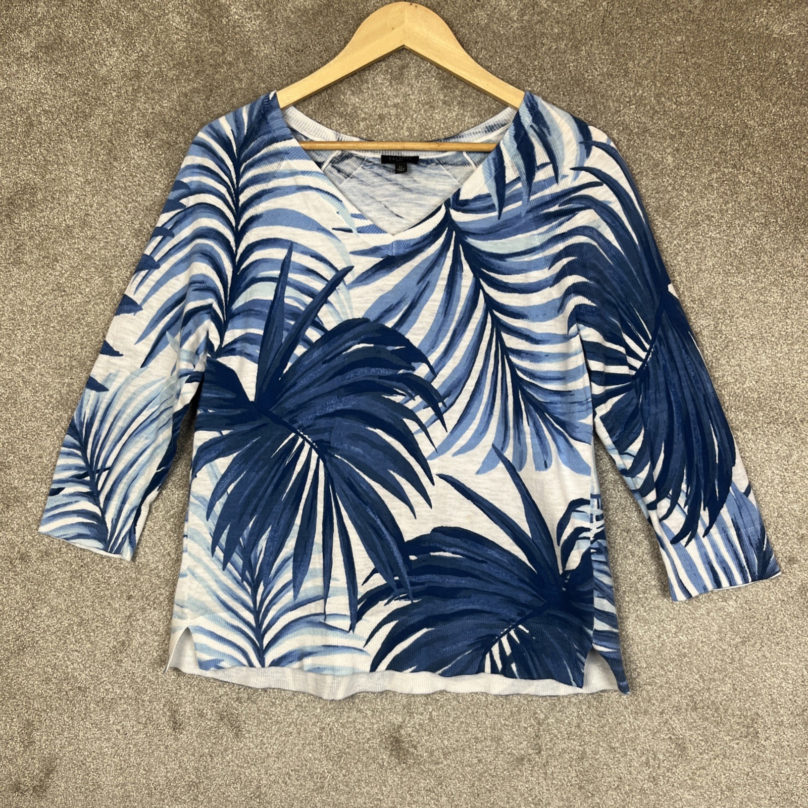 Talbots Sweater Womens Large Petite Blue White Cotton Lightweight V Neck- 5317