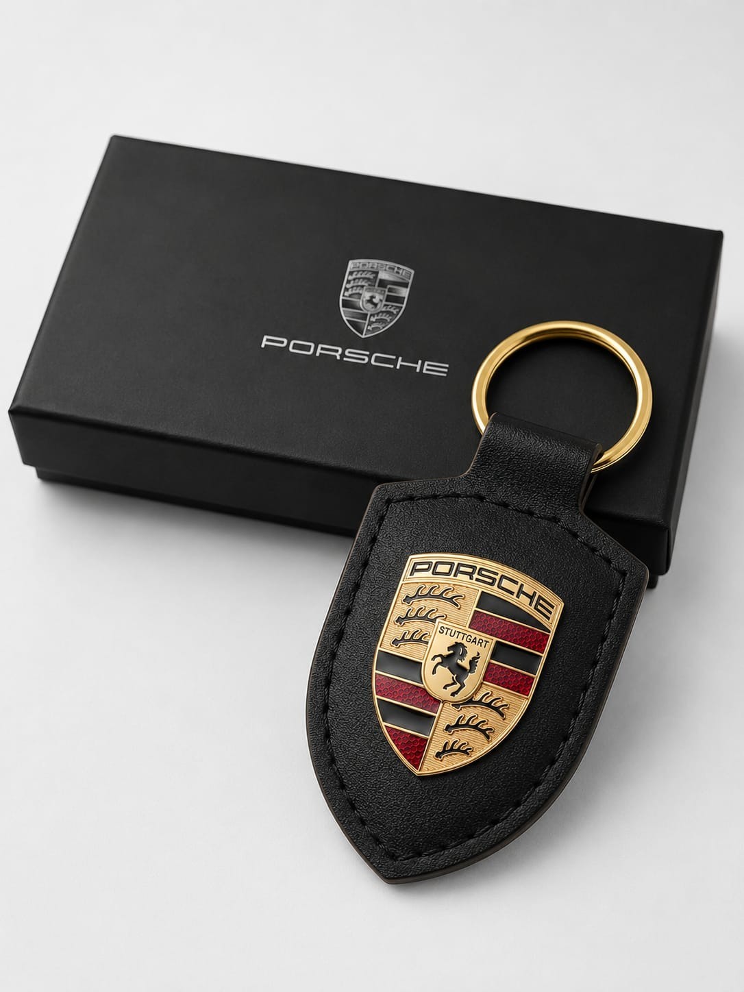 New Genuine Porsche Leather Fob Keychain, Black Crest Keyring: 2026 Design