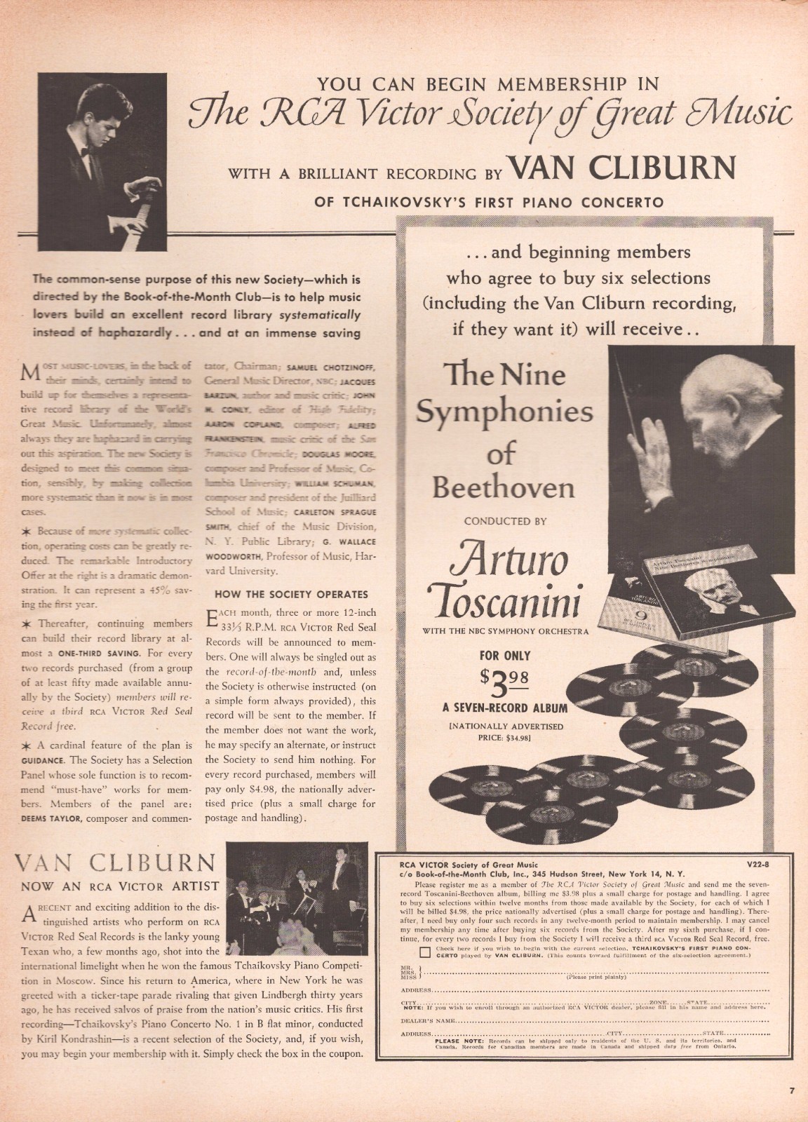RCA Victor Society Van Cliburn Arturo Toscanini NBC Symphony Vintage Print Ad 58