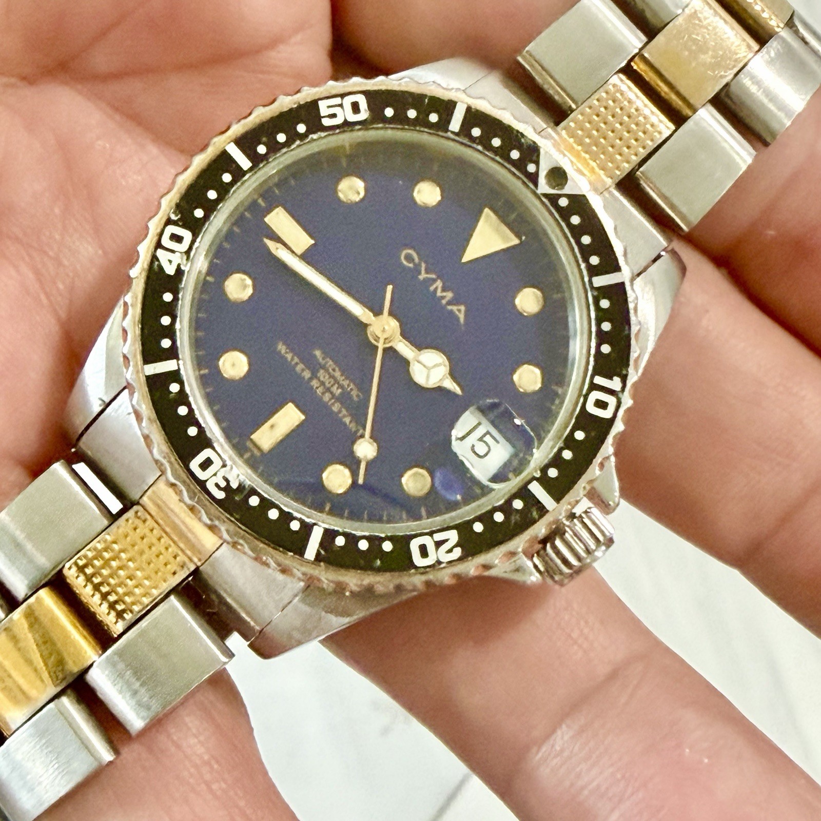 Vintage Cyma Automatic Blue Dial Baby Diver Date Calendar Men’s 39mm Watch RUNS